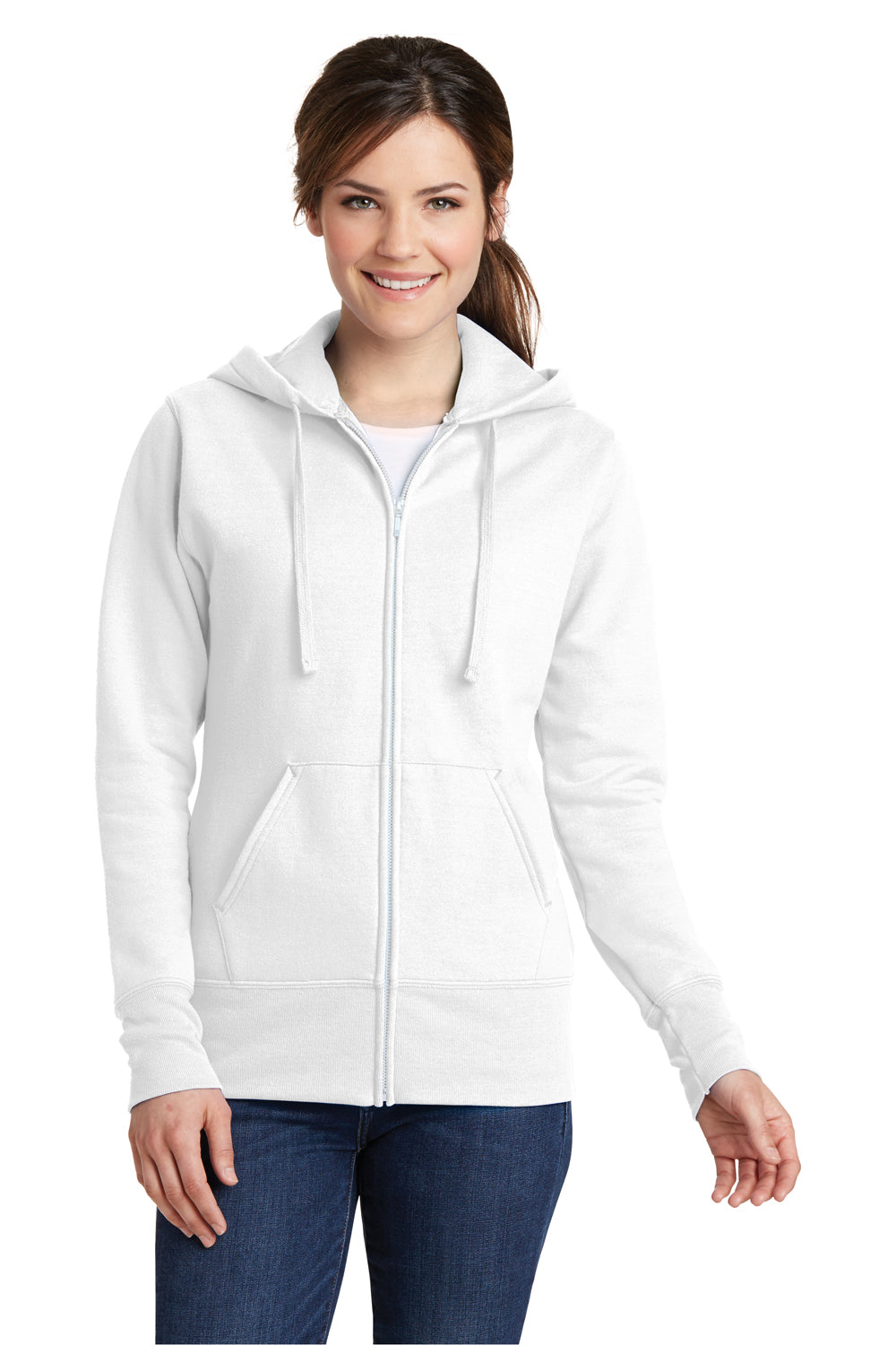 Port & Company LPC78ZH Womens Core Pill Resistant Fleece Full Zip Hooded Sweatshirt Hoodie White Model Front