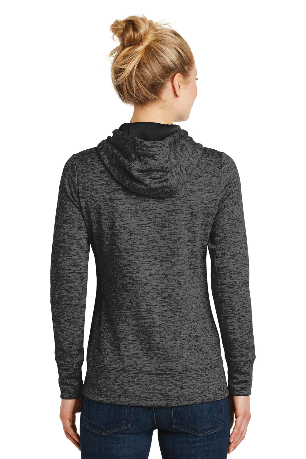 Sport-Tek LST225 Womens Electric Heather Moisture Wicking Fleece Hooded Sweatshirt Hoodie Grey Black Electric Model Back