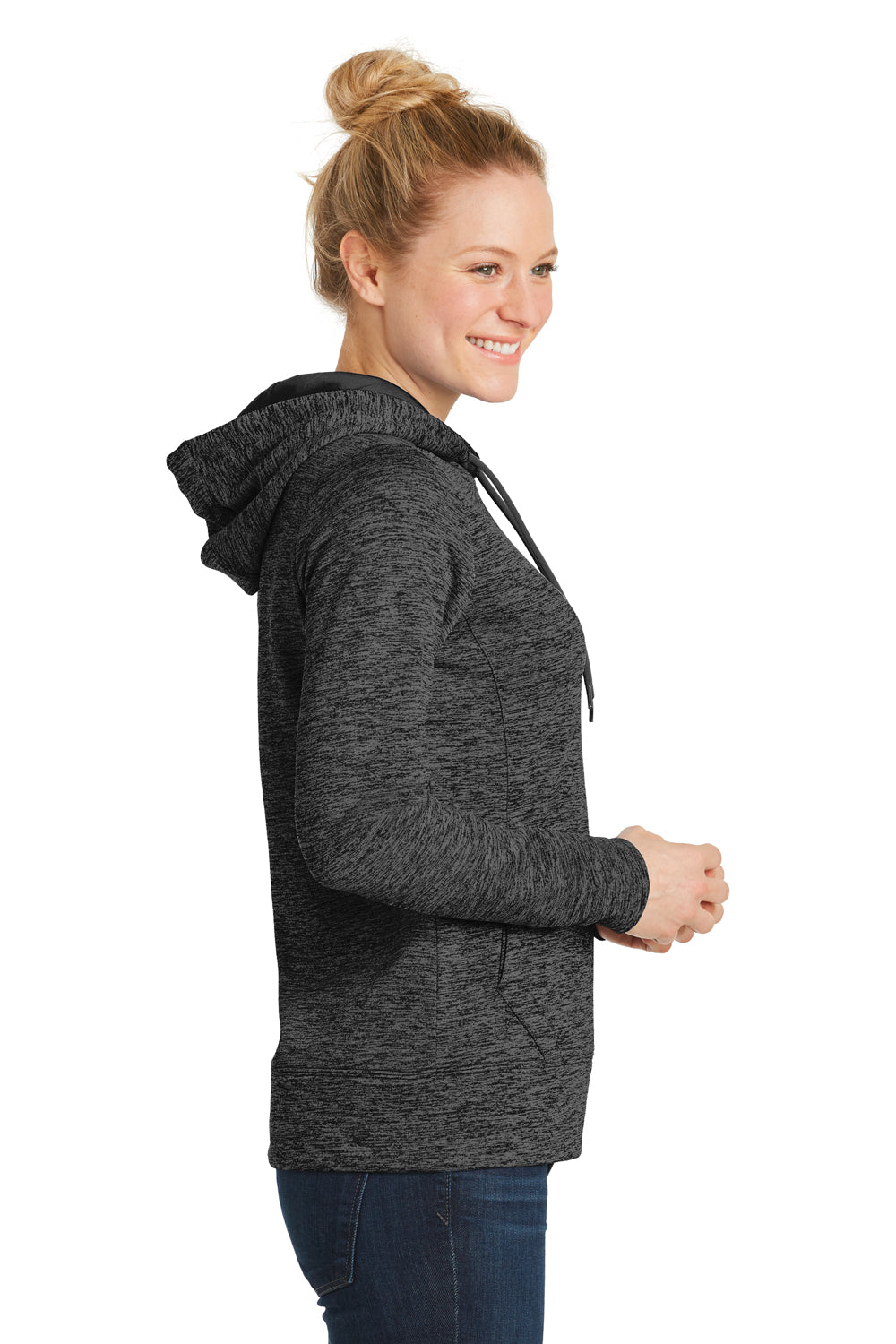 Sport-Tek LST225 Womens Electric Heather Moisture Wicking Fleece Hooded Sweatshirt Hoodie Grey Black Electric Model Side