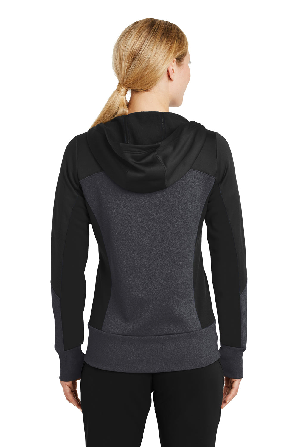 Sport-Tek LST245 Womens Moisture Wicking Full Zip Tech Fleece Hooded Jacket Black/Heather Graphite Grey Model Back