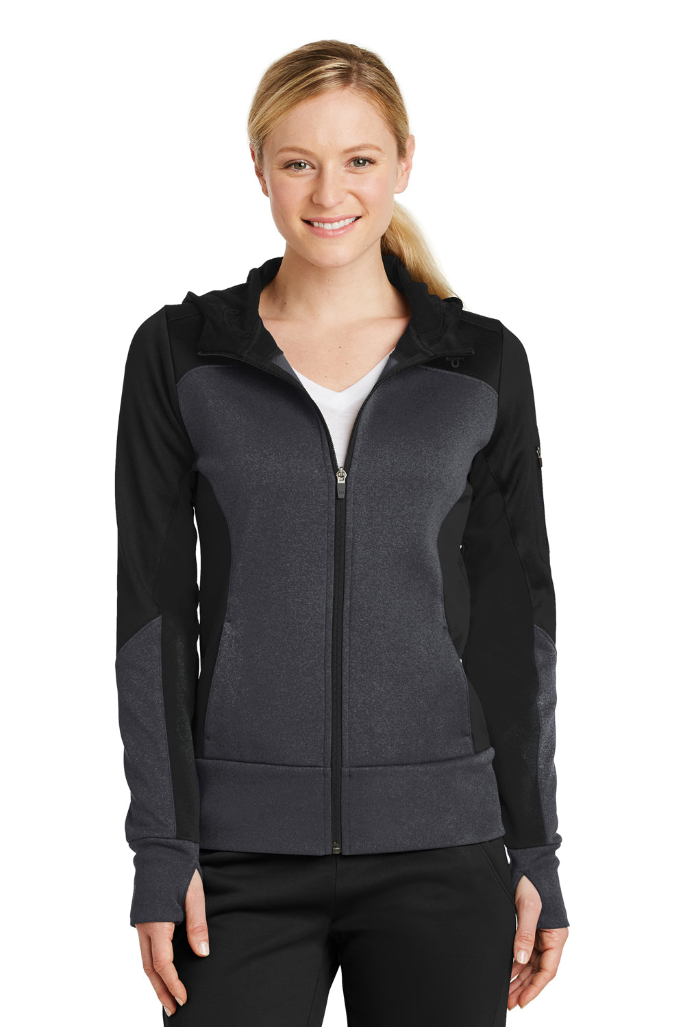 Sport-Tek LST245 Womens Moisture Wicking Full Zip Tech Fleece Hooded Jacket Black/Heather Graphite Grey Model Front