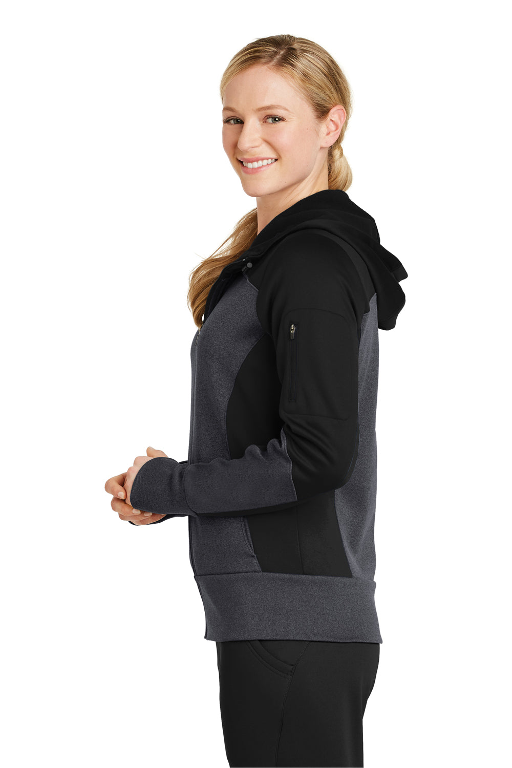 Sport-Tek LST245 Womens Moisture Wicking Full Zip Tech Fleece Hooded Jacket Black/Heather Graphite Grey Model Side