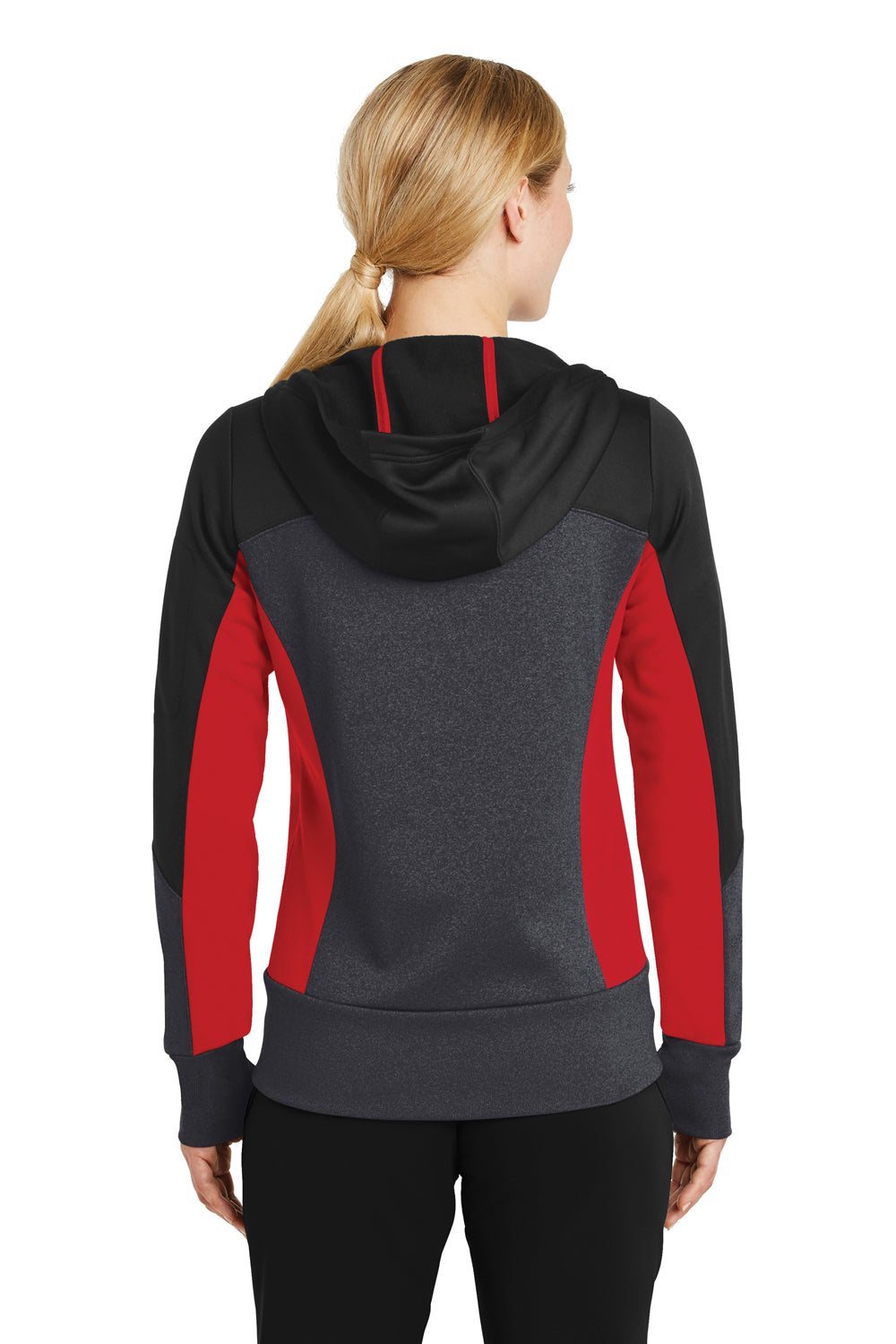 Sport-Tek LST245 Womens Moisture Wicking Full Zip Tech Fleece Hooded Jacket Black/Heather Graphite Grey/True Red Model Back