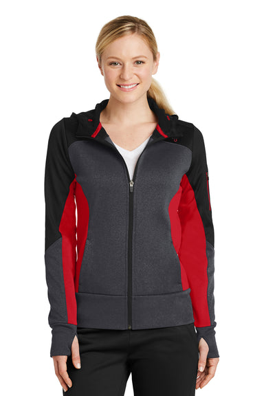 Sport-Tek LST245 Womens Moisture Wicking Full Zip Tech Fleece Hooded Jacket Black/Heather Graphite Grey/True Red Model Front