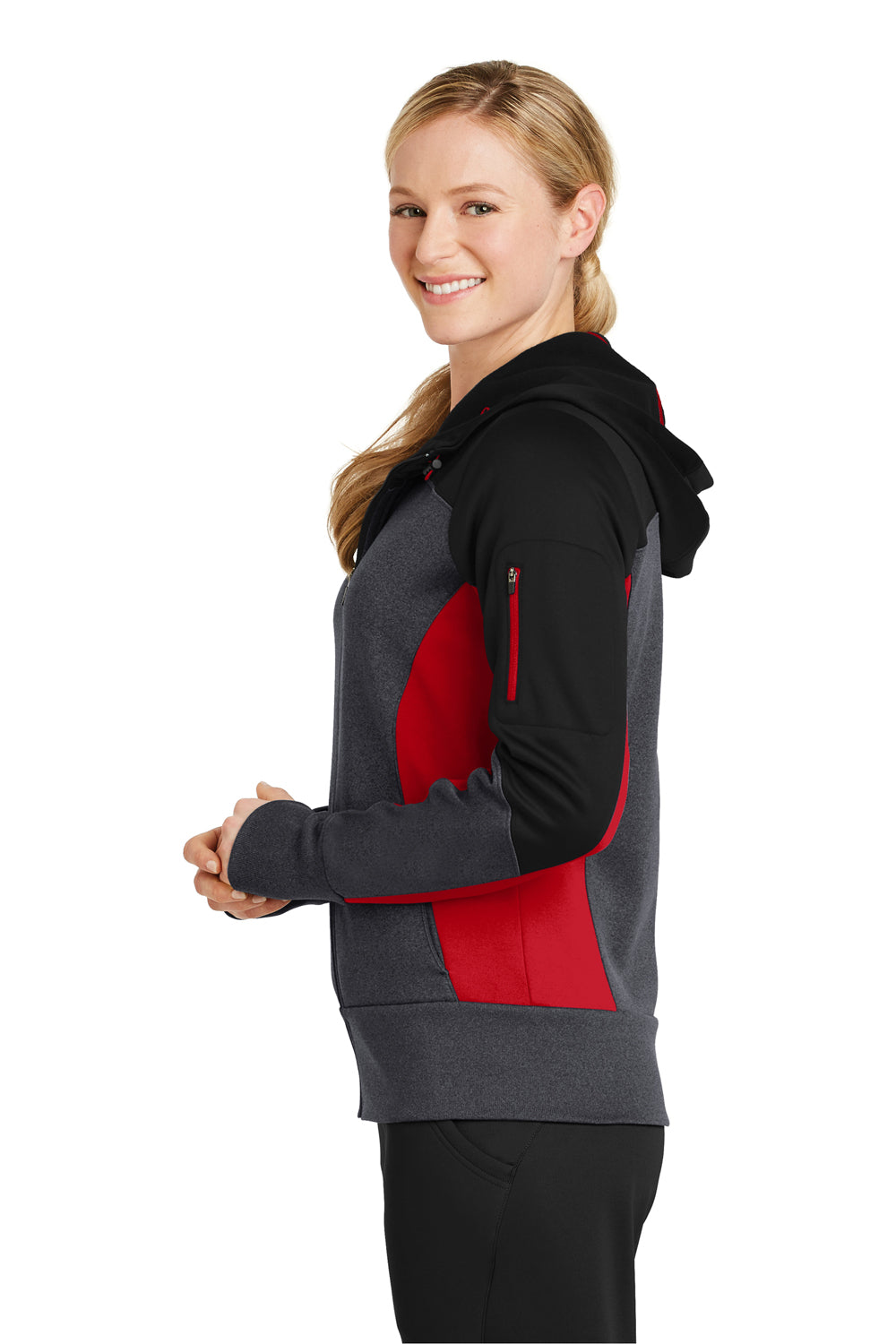 Sport-Tek LST245 Womens Moisture Wicking Full Zip Tech Fleece Hooded Jacket Black/Heather Graphite Grey/True Red Model Side