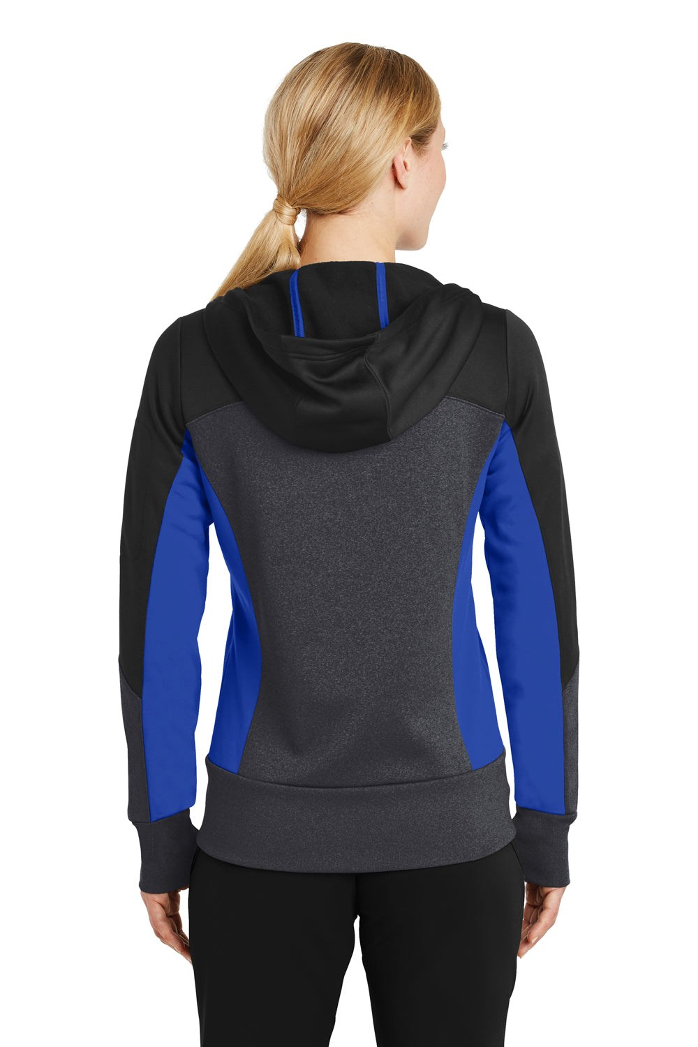 Sport-Tek LST245 Womens Moisture Wicking Full Zip Tech Fleece Hooded Jacket Black/Heather Graphite Grey/True Royal Blue Model Back