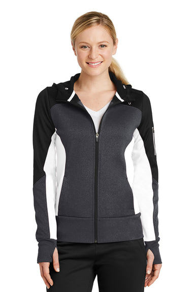 Sport-Tek LST245 Womens Moisture Wicking Full Zip Tech Fleece Hooded Jacket Black/Heather Graphite Grey/White Model Front