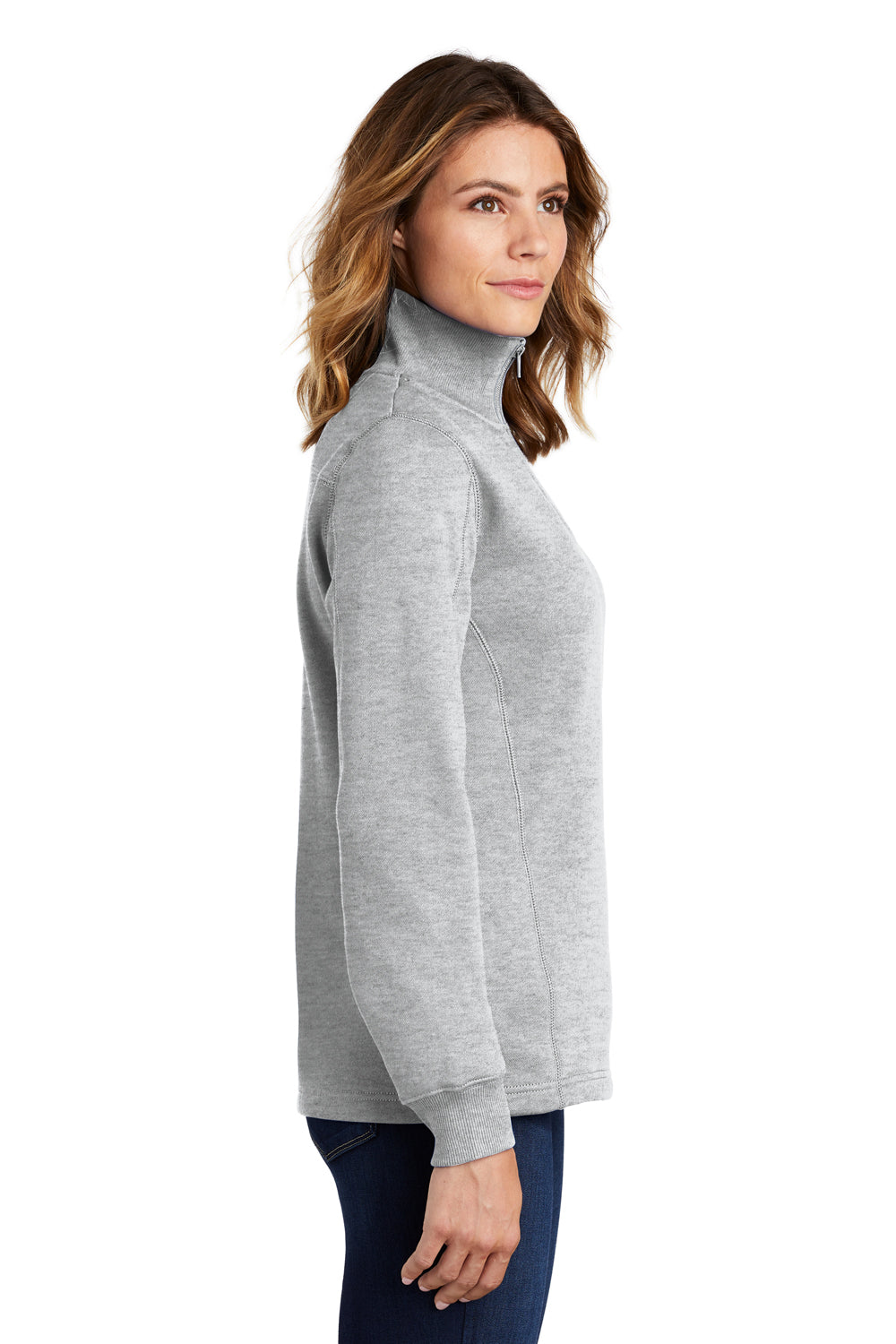 Sport-Tek LST253 Womens Shrink Resistant Fleece 1/4 Zip Sweatshirt Heather Grey Model Side