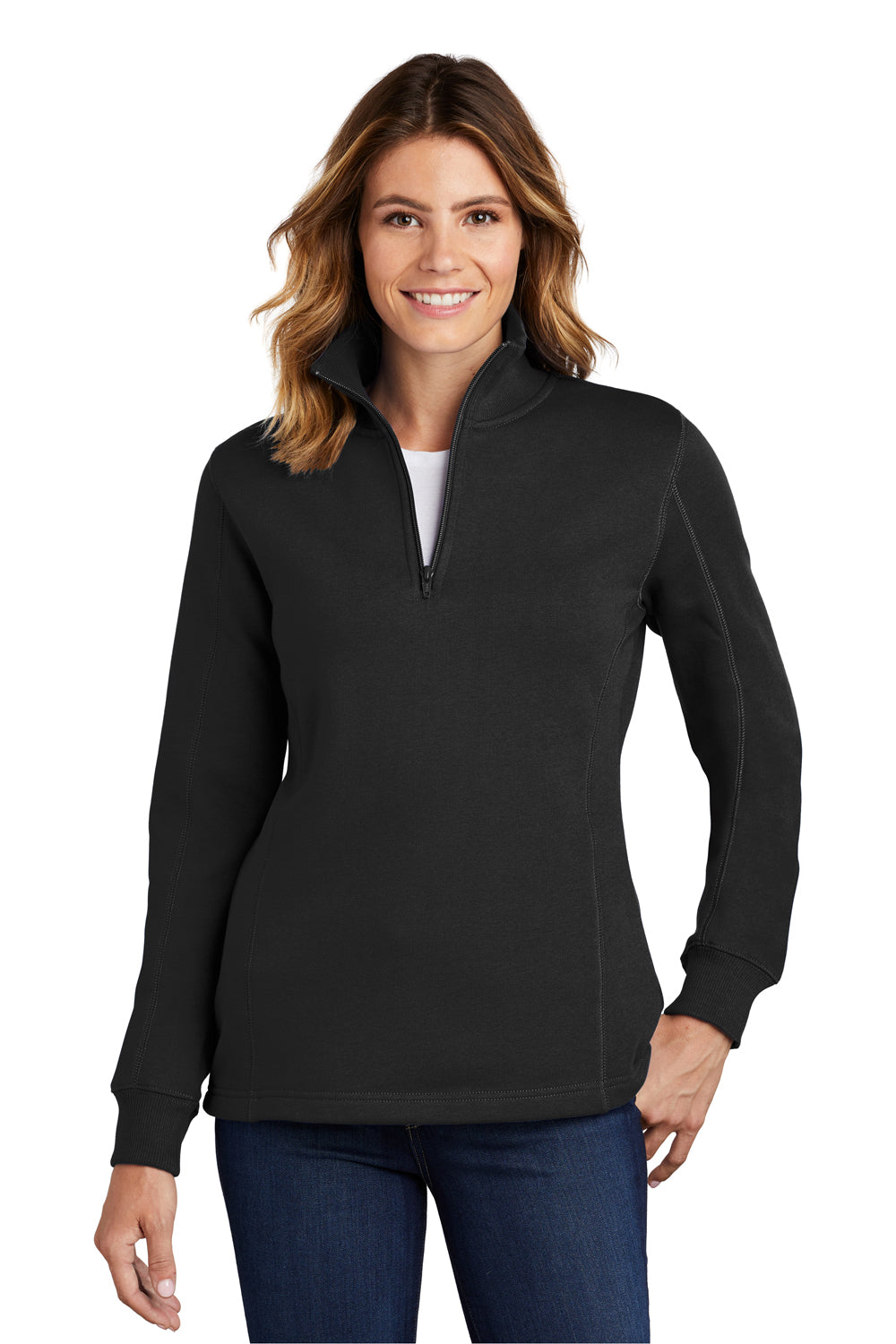 Sport-Tek LST253 Womens Shrink Resistant Fleece 1/4 Zip Sweatshirt Black Model Front