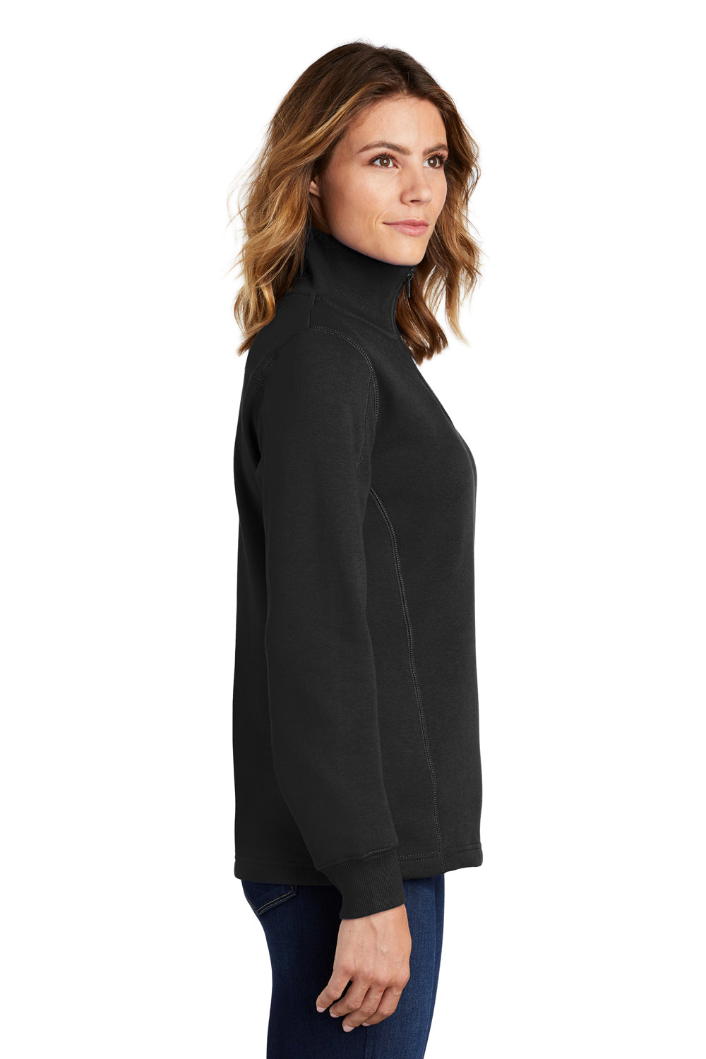 Sport-Tek LST253 Womens Shrink Resistant Fleece 1/4 Zip Sweatshirt Black Model Side