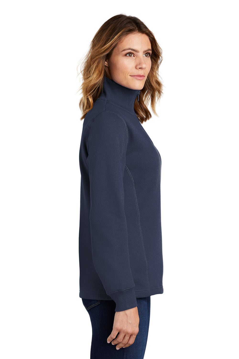 Sport-Tek LST253 Womens Shrink Resistant Fleece 1/4 Zip Sweatshirt True Navy Blue Model Side