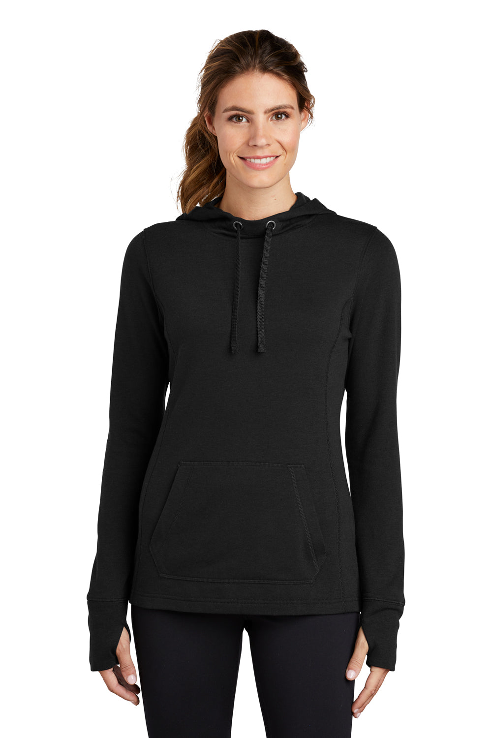 Sport-Tek LST296 Womens Moisture Wicking Fleece Hooded Sweatshirt Hoodie Black Model Front