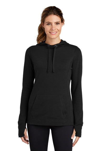 Sport-Tek LST296 Womens Moisture Wicking Fleece Hooded Sweatshirt Hoodie Black Model Front