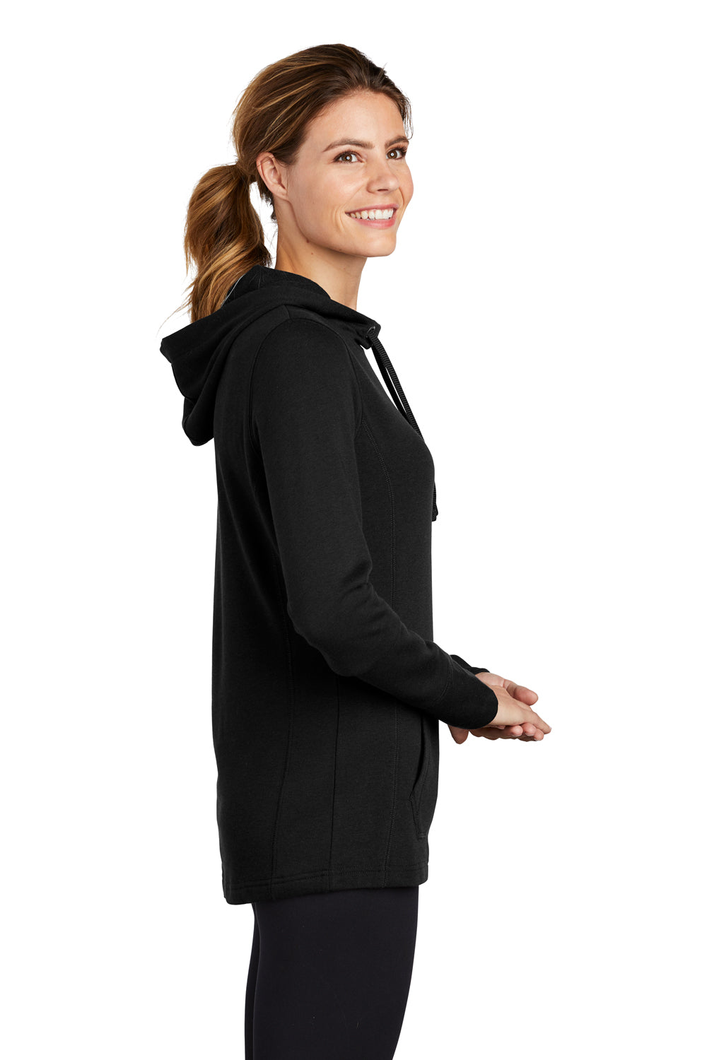 Sport-Tek LST296 Womens Moisture Wicking Fleece Hooded Sweatshirt Hoodie Black Model Side