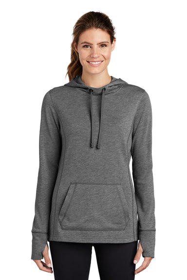 Sport-Tek LST296 Womens Moisture Wicking Fleece Hooded Sweatshirt Hoodie Heather Dark Grey Model Front