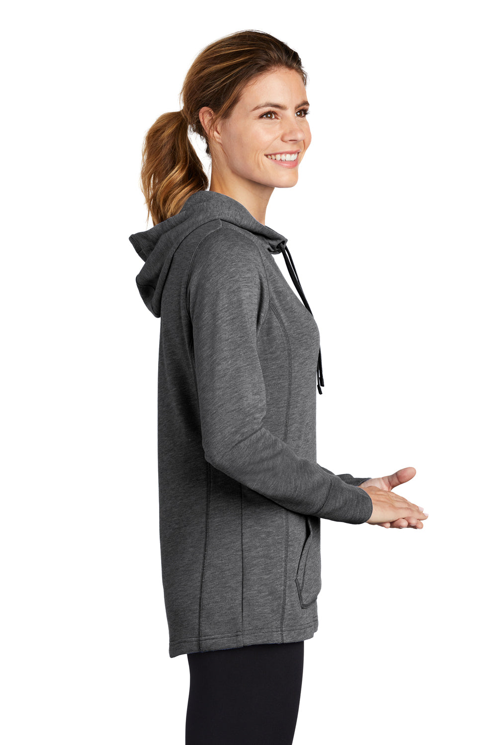 Sport-Tek LST296 Womens Moisture Wicking Fleece Hooded Sweatshirt Hoodie Heather Dark Grey Model Side