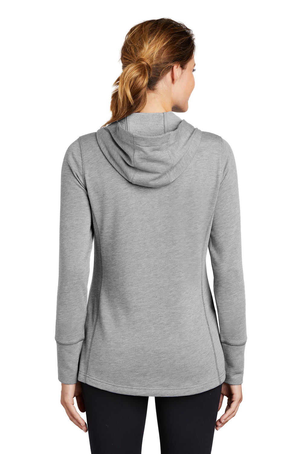 Sport-Tek LST296 Womens Moisture Wicking Fleece Hooded Sweatshirt Hoodie Heather Light Grey Model Back