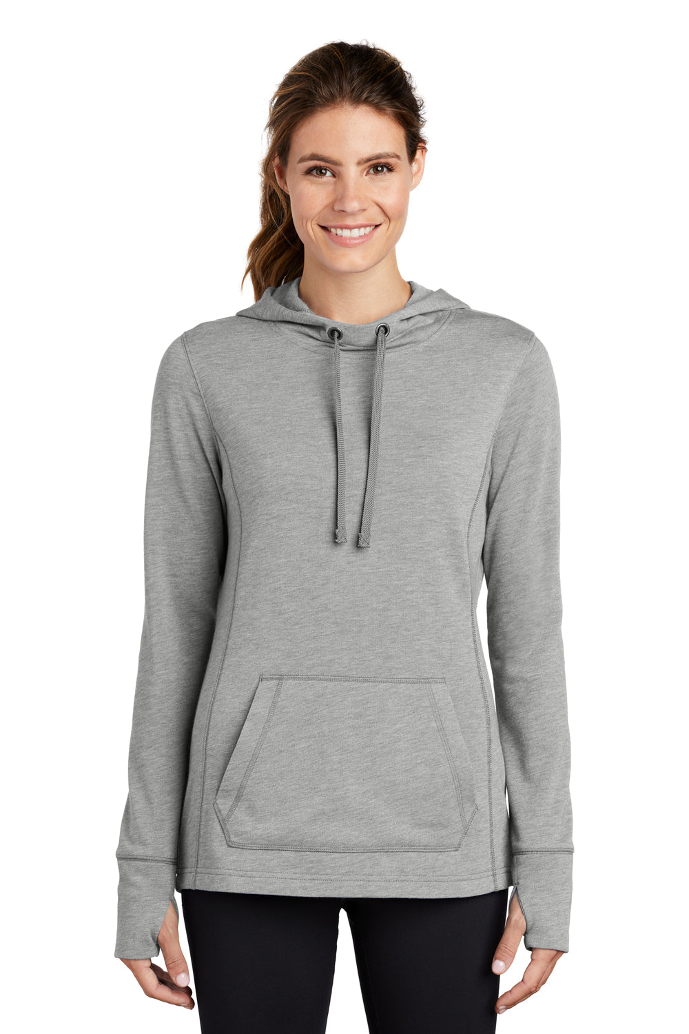 Sport-Tek LST296 Womens Moisture Wicking Fleece Hooded Sweatshirt Hoodie Heather Light Grey Model Front