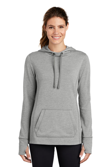 Sport-Tek LST296 Womens Moisture Wicking Fleece Hooded Sweatshirt Hoodie Heather Light Grey Model Front