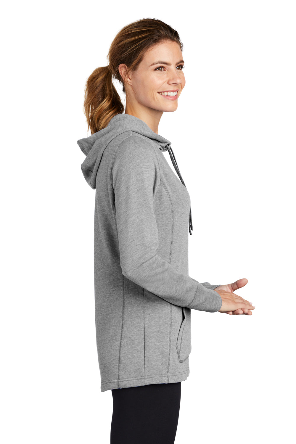 Sport-Tek LST296 Womens Moisture Wicking Fleece Hooded Sweatshirt Hoodie Heather Light Grey Model Side