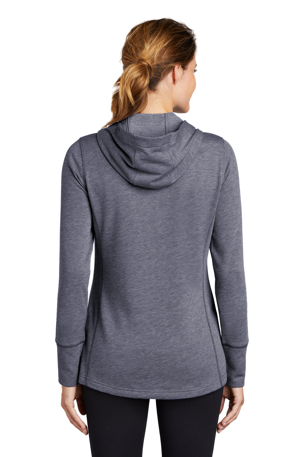 Sport-Tek LST296 Womens Moisture Wicking Fleece Hooded Sweatshirt Hoodie Heather True Navy Blue Model Back