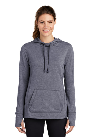 Sport-Tek LST296 Womens Moisture Wicking Fleece Hooded Sweatshirt Hoodie Heather True Navy Blue Model Front