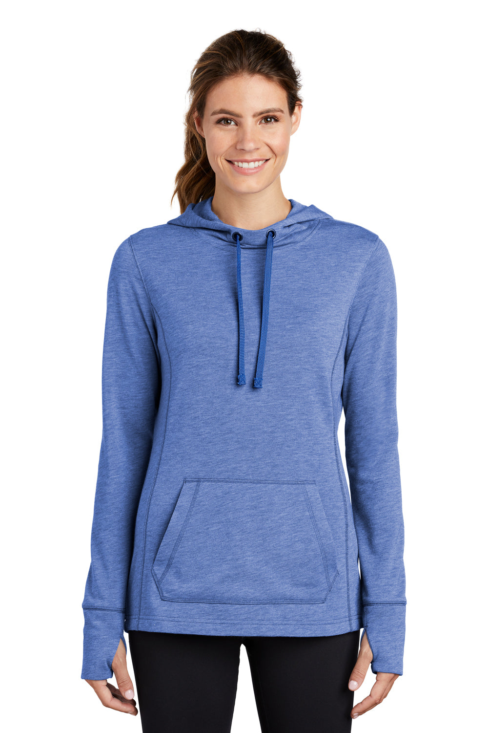 Sport-Tek LST296 Womens Moisture Wicking Fleece Hooded Sweatshirt Hoodie Heather True Royal Blue Model Front