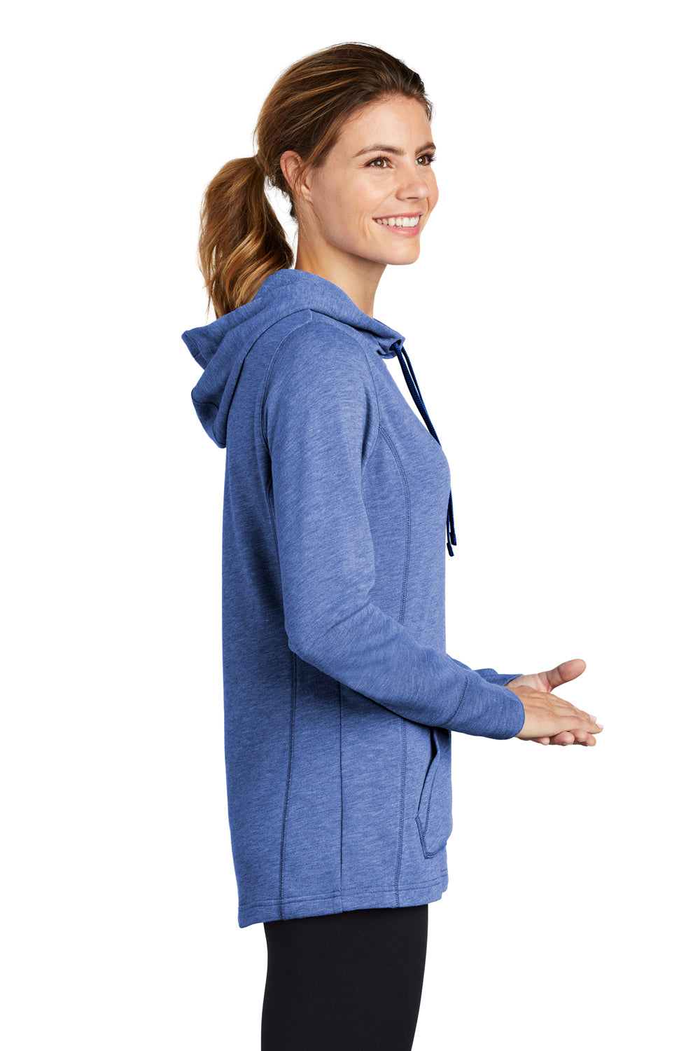 Sport-Tek LST296 Womens Moisture Wicking Fleece Hooded Sweatshirt Hoodie Heather True Royal Blue Model Side