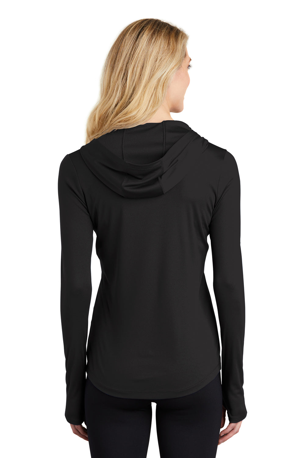 Sport-Tek LST358 Womens Competitor Moisture Wicking Long Sleeve Hooded T-Shirt Hoodie Black Model Back