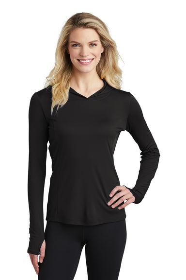 Sport-Tek LST358 Womens Competitor Moisture Wicking Long Sleeve Hooded T-Shirt Hoodie Black Model Front