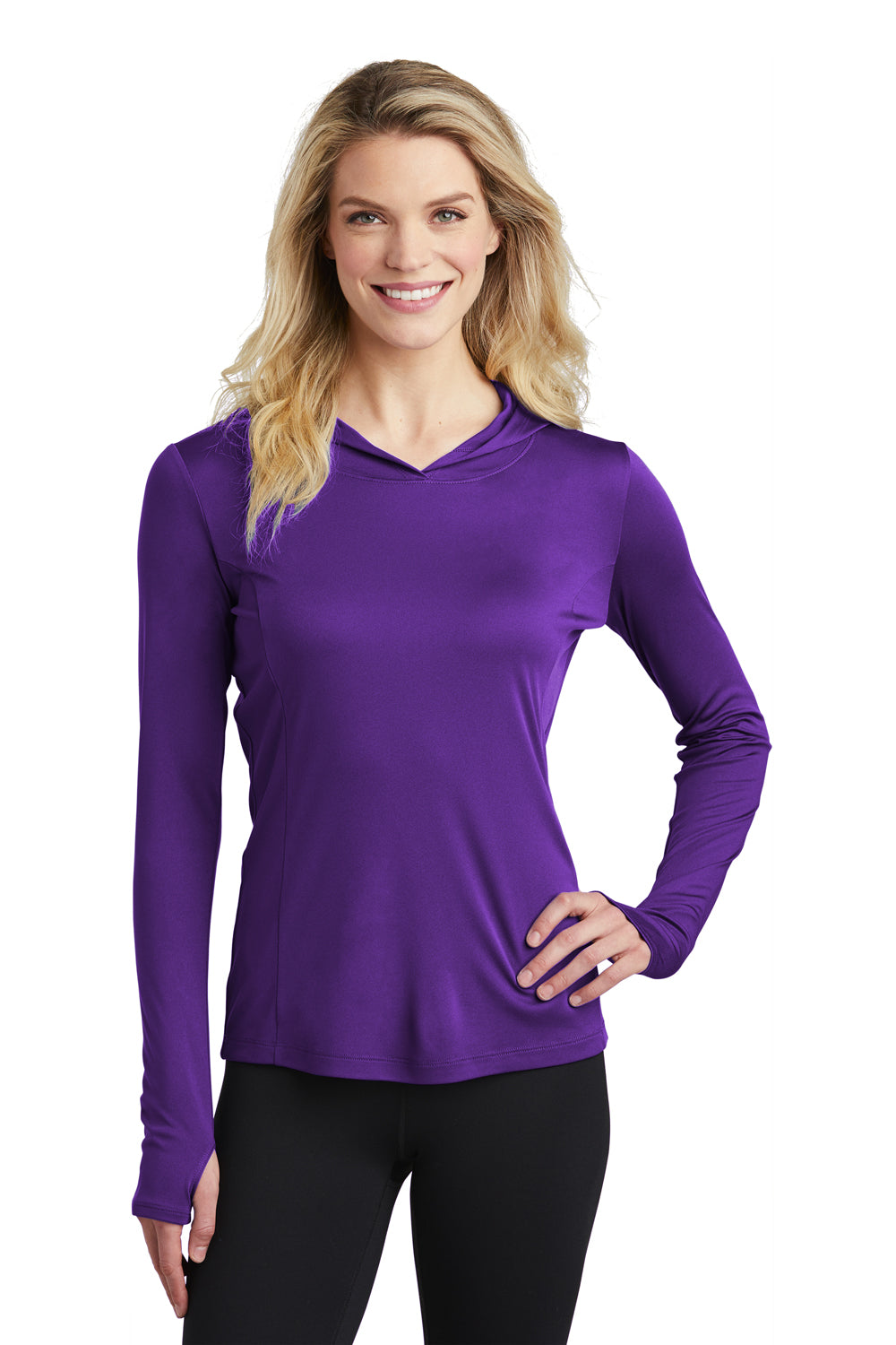 Sport-Tek LST358 Womens Competitor Moisture Wicking Long Sleeve Hooded T-Shirt Hoodie Purple Model Front