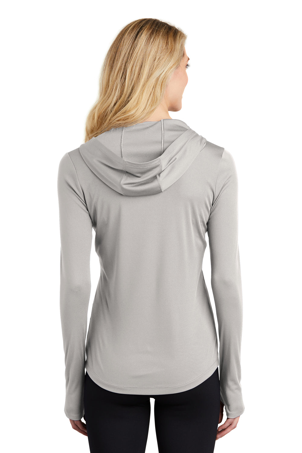 Sport-Tek LST358 Womens Competitor Moisture Wicking Long Sleeve Hooded T-Shirt Hoodie Silver Grey Model Back