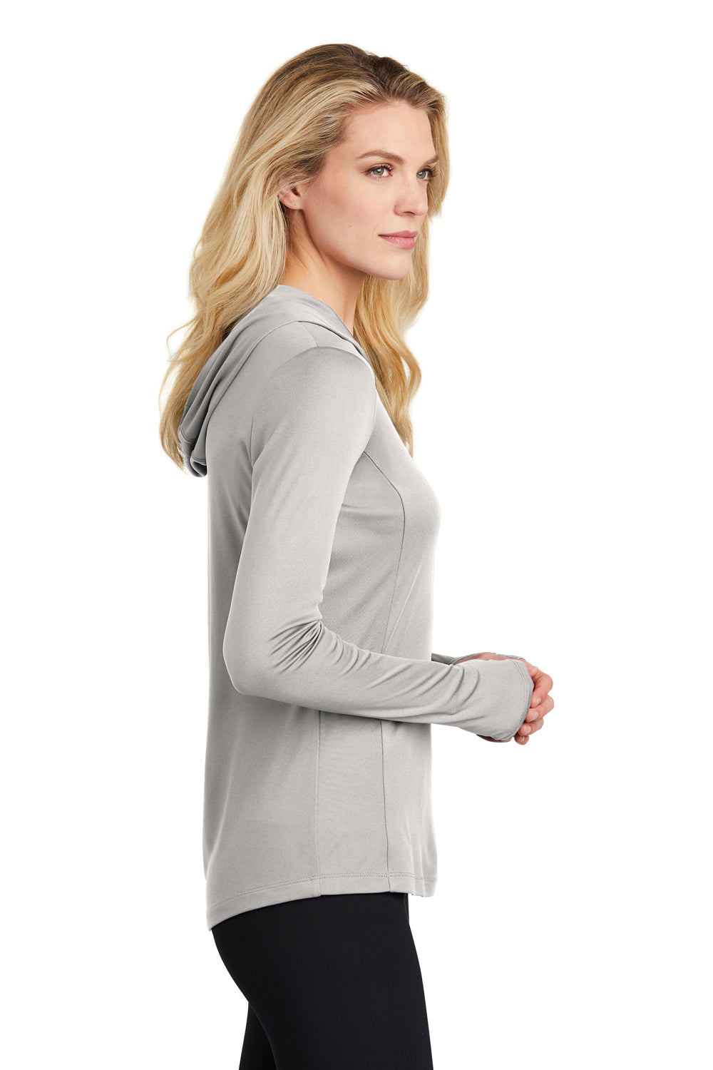 Sport-Tek LST358 Womens Competitor Moisture Wicking Long Sleeve Hooded T-Shirt Hoodie Silver Grey Model Side