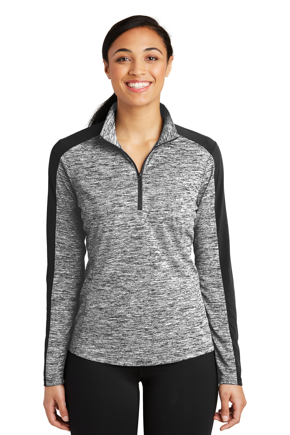 Sport-Tek LST397 Womens Electric Heather Moisture Wicking 1/4 Zip Sweatshirt Black Electric/Black Model Front