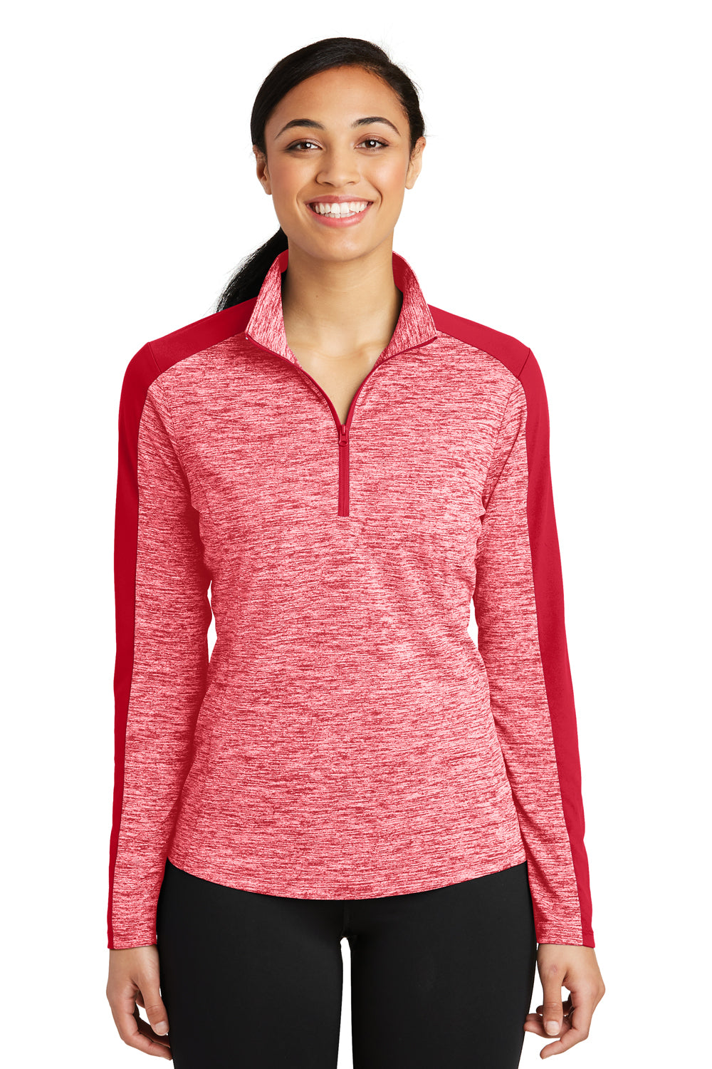 Sport-Tek LST397 Womens Electric Heather Moisture Wicking 1/4 Zip Sweatshirt Deep Red Electric/Deep Red Model Front