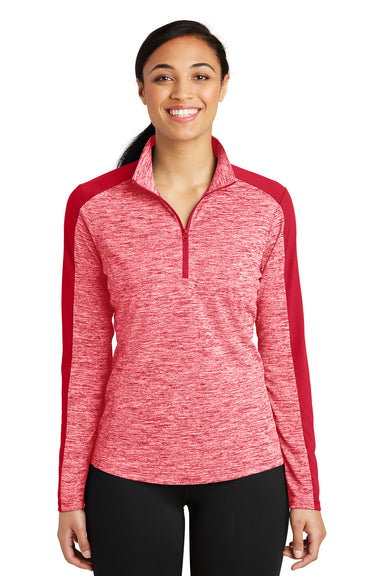 Sport-Tek LST397 Womens Electric Heather Moisture Wicking 1/4 Zip Sweatshirt Deep Red Electric/Deep Red Model Front