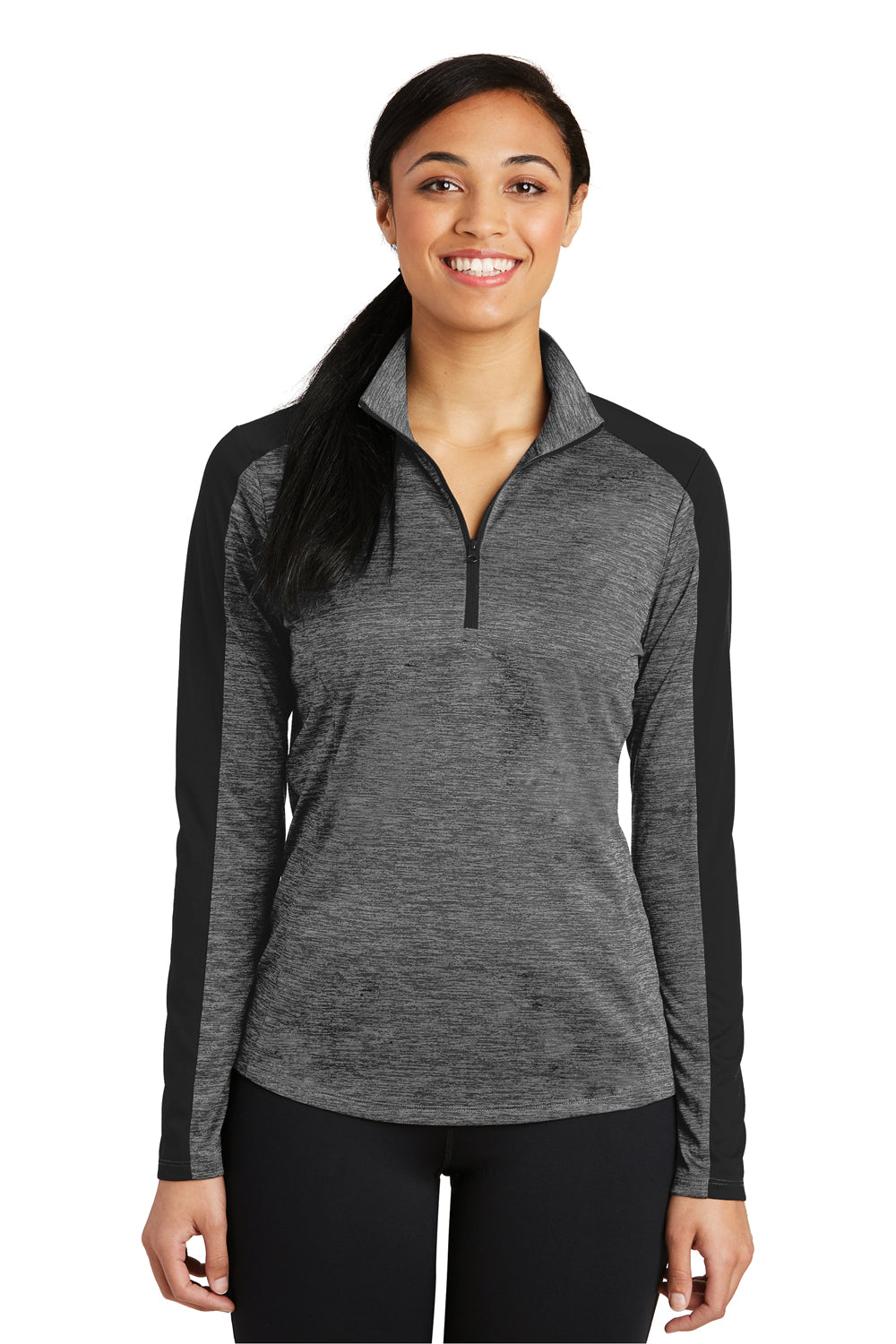 Sport-Tek LST397 Womens Electric Heather Moisture Wicking 1/4 Zip Sweatshirt Grey Black Electric/Black Model Front