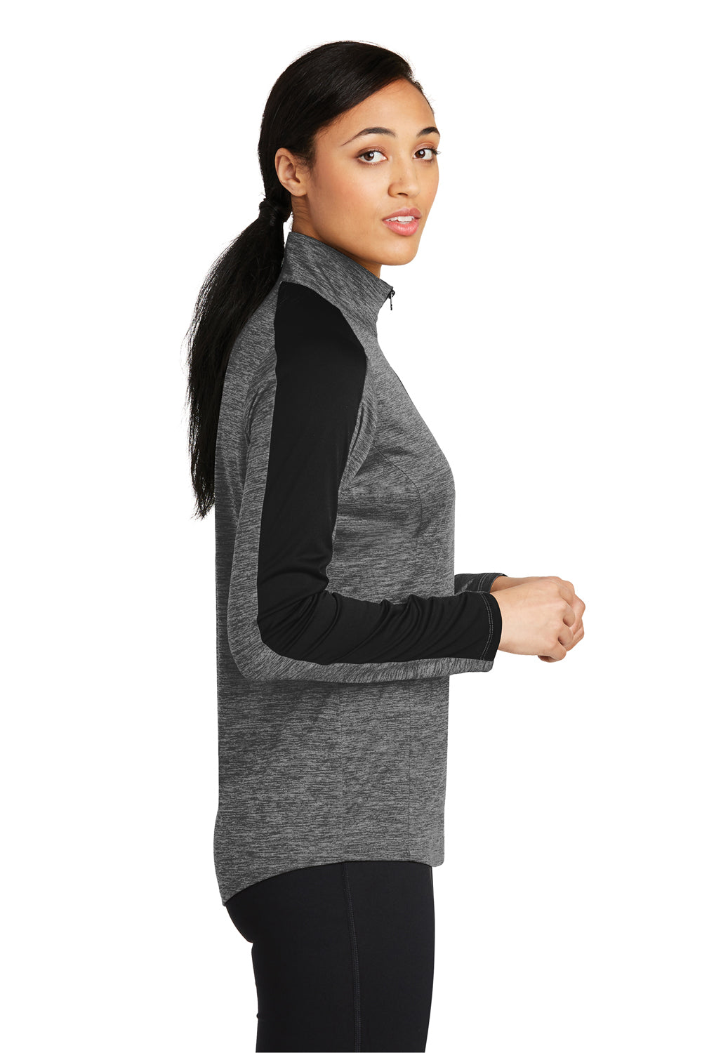 Sport-Tek LST397 Womens Electric Heather Moisture Wicking 1/4 Zip Sweatshirt Grey Black Electric/Black Model Side