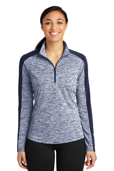 Sport-Tek LST397 Womens Electric Heather Moisture Wicking 1/4 Zip Sweatshirt True Navy Blue Electric/True Navy Blue Model Front