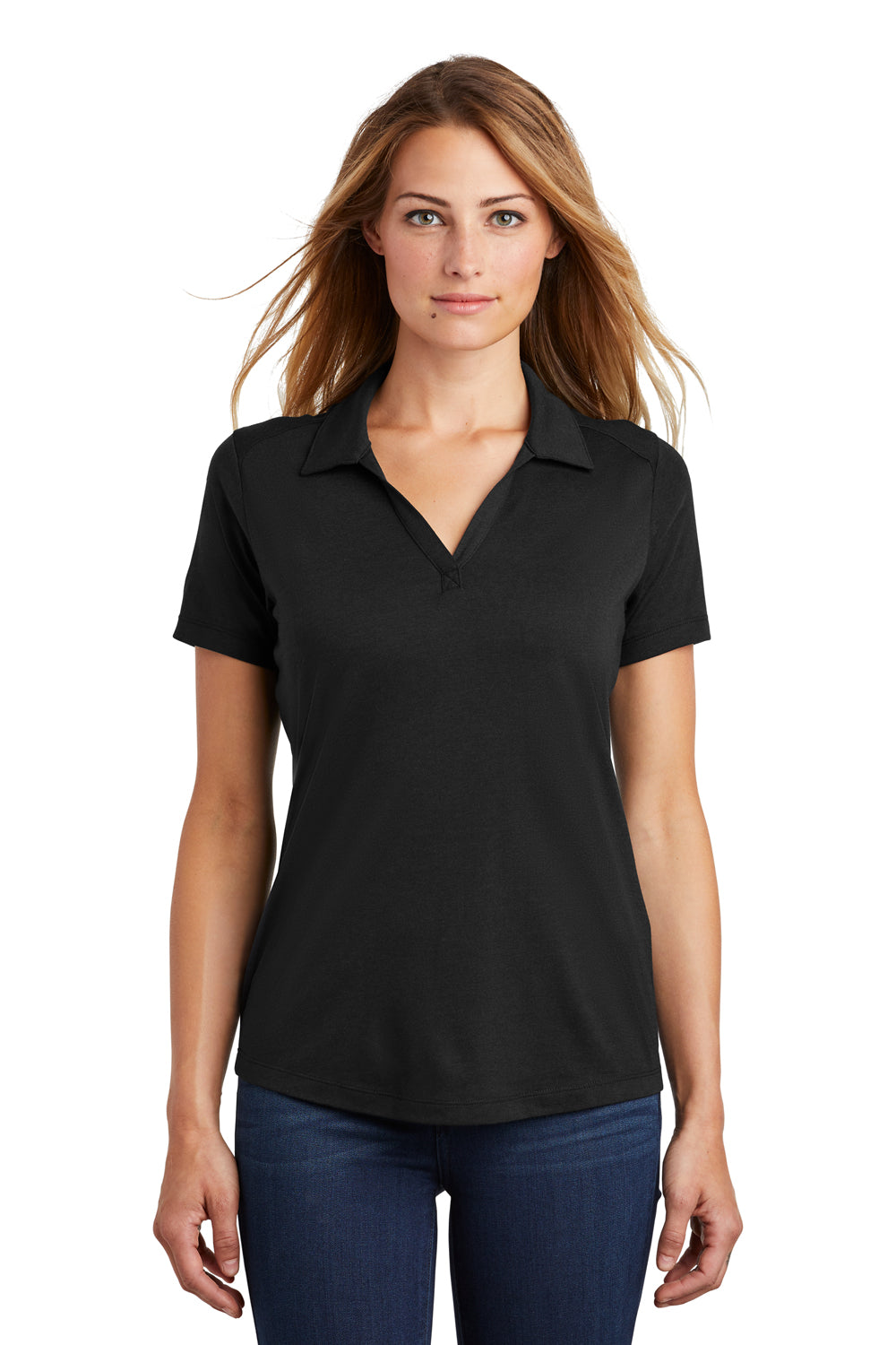 Sport-Tek LST405 Womens Moisture Wicking Short Sleeve Polo Shirt Black Model Front