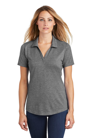 Sport-Tek LST405 Womens Moisture Wicking Short Sleeve Polo Shirt Heather Dark Grey Model Front