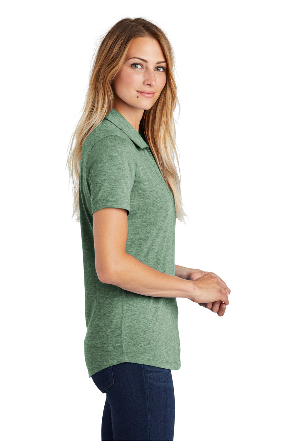 Sport-Tek LST405 Womens Moisture Wicking Short Sleeve Polo Shirt Heather Forest Green Model Side