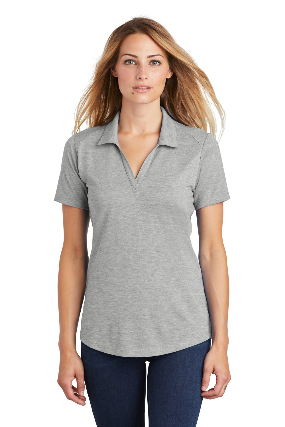 Sport-Tek LST405 Womens Moisture Wicking Short Sleeve Polo Shirt Heather Light Grey Model Front