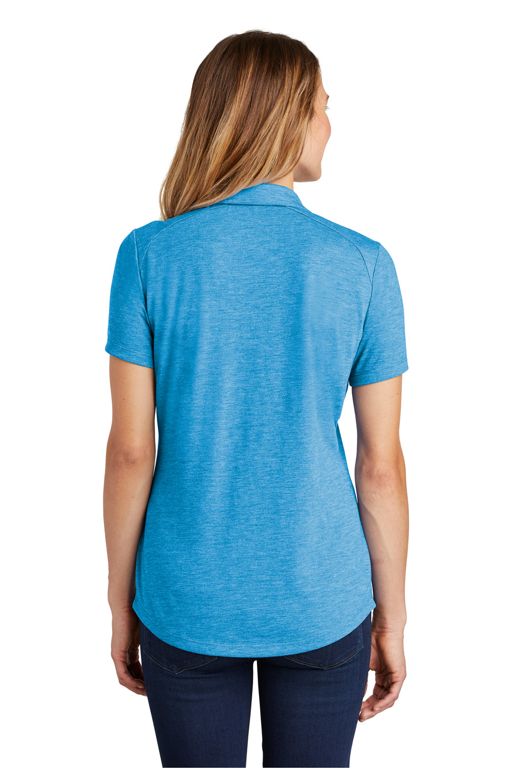 Sport-Tek LST405 Womens Moisture Wicking Short Sleeve Polo Shirt Heather Pond Blue Model Back