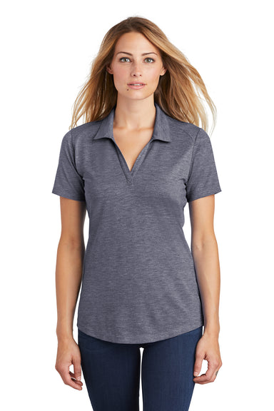 Sport-Tek LST405 Womens Moisture Wicking Short Sleeve Polo Shirt Heather True Navy Blue Model Front