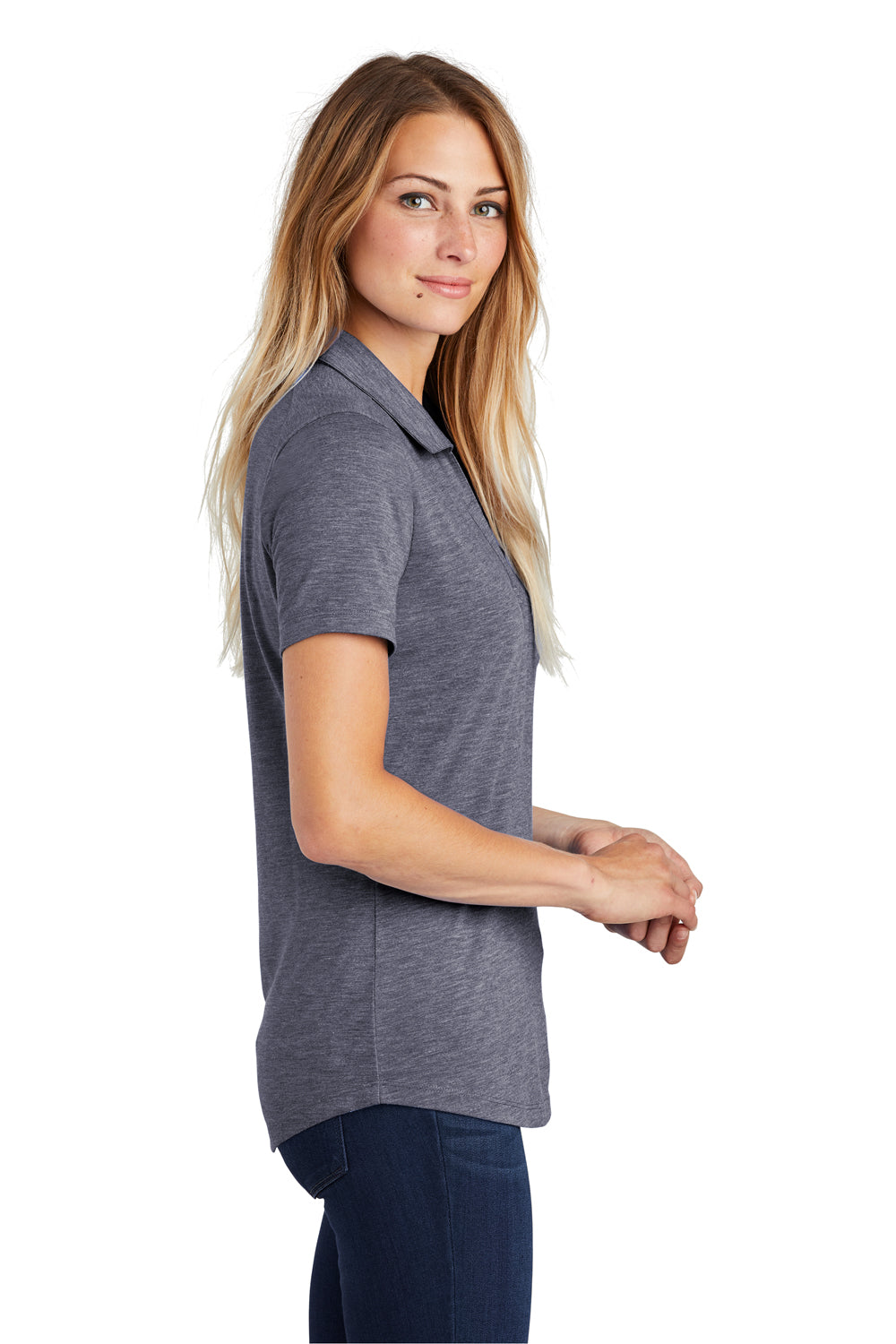 Sport-Tek LST405 Womens Moisture Wicking Short Sleeve Polo Shirt Heather True Navy Blue Model Side