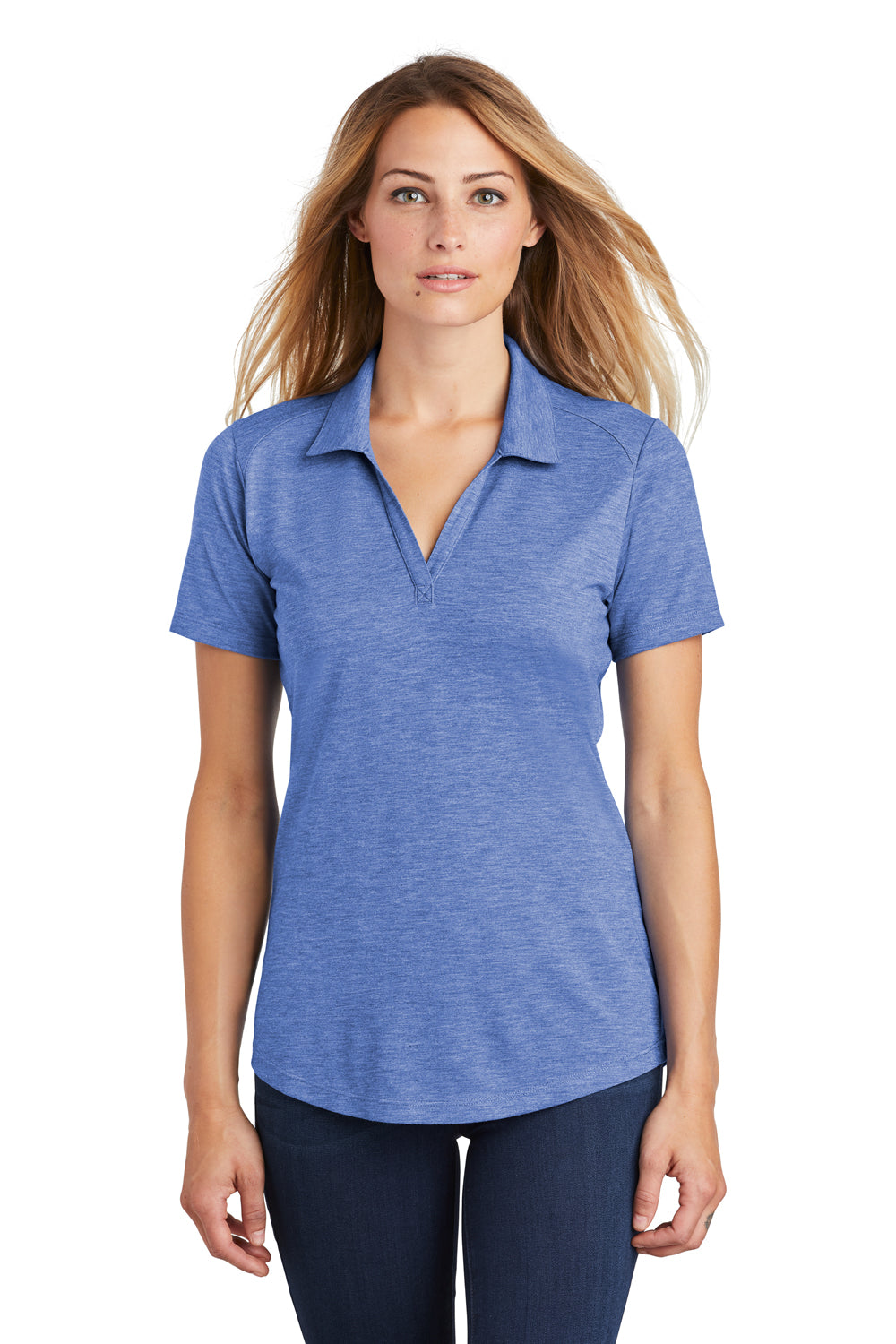 Sport-Tek LST405 Womens Moisture Wicking Short Sleeve Polo Shirt Heather True Royal Blue Model Front