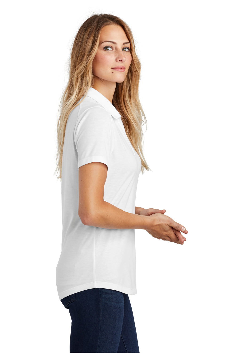 Sport-Tek LST405 Womens Moisture Wicking Short Sleeve Polo Shirt White Model Side