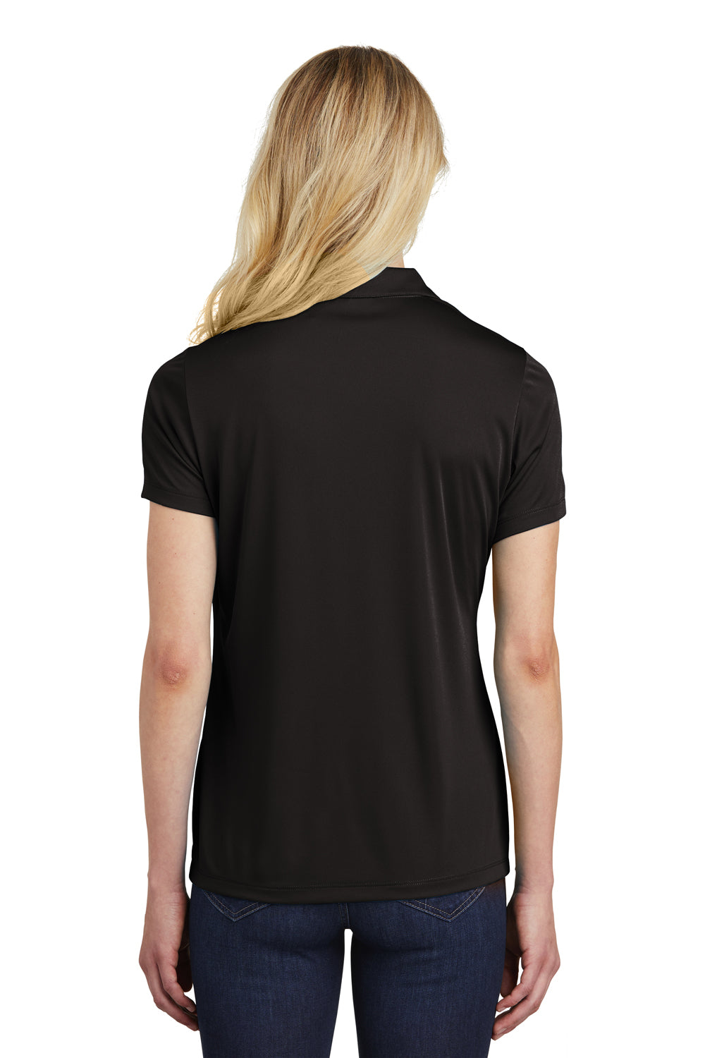 Sport-Tek LST550 Womens Competitor Moisture Wicking Short Sleeve Polo Shirt Black Model Back