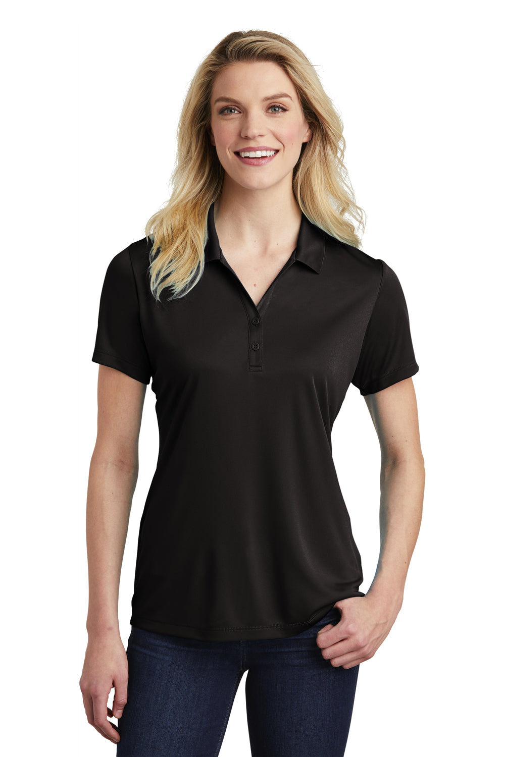 Sport-Tek LST550 Womens Competitor Moisture Wicking Short Sleeve Polo Shirt Black Model Front